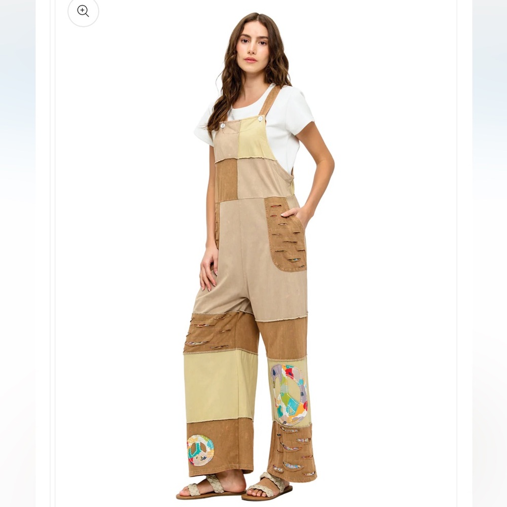 Patchwork Wide-Leg Overalls Jumpsuit - Beige & Brown
